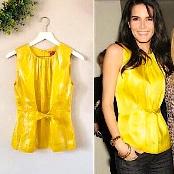 Tory Burch Fitted Sleeveless Metallic Yellow & Gold ‘Elson’ Silk Blouse, 2 - Picture 2 of 14